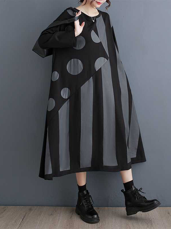 xakxx A-Line Long Sleeves Asymmetric Polka-Dot Split-Joint Striped Round-Neck Midi Dresses