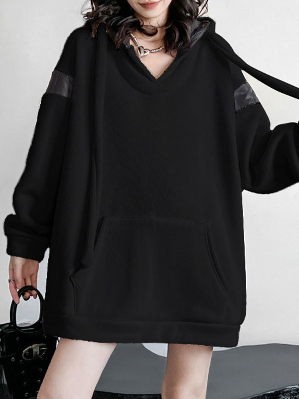 xakxx Long Sleeves Loose Contrast Color Drawstring Pockets Velvet Hoodies Tops
