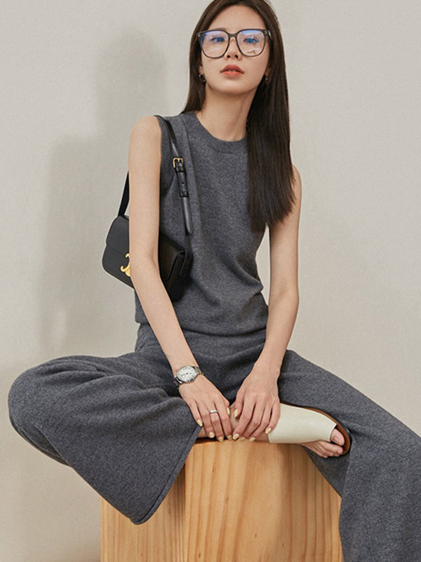 xakxx xakxx-Urban Loose Solid Round-Neck Vest Top& V-Neck Sweater Tops& Wide Leg Pants Three-Piece Set