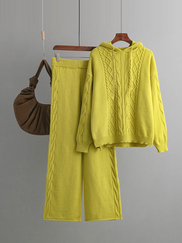 xakxx Urban Loose Solid Color Hooded High-Low Sweater Tops & Wide Leg Pants Two Pieces Set