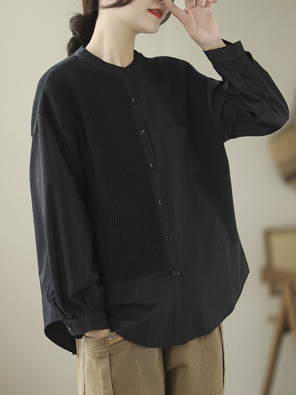 xakxx Vintage Long Sleeves Loose Split-Joint Round-Neck Blouses&Shirts Tops
