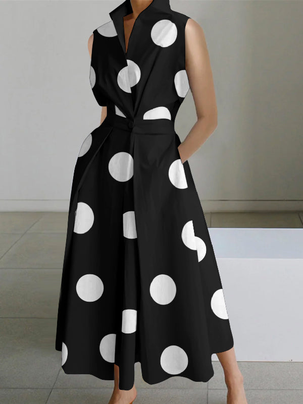 xakxx Sleeveless Polka Dot Lapel Midi Dresses
