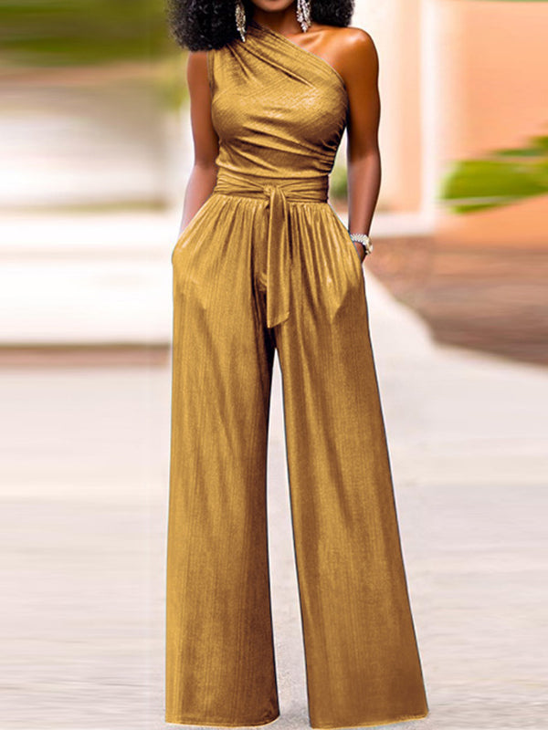 xakxx High Waisted Wide Leg Solid Color One-Shoulder Jumpsuits