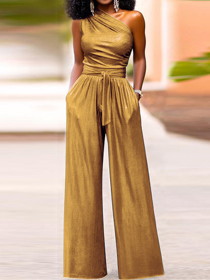 xakxx High Waisted Wide Leg Solid Color One-Shoulder Jumpsuits