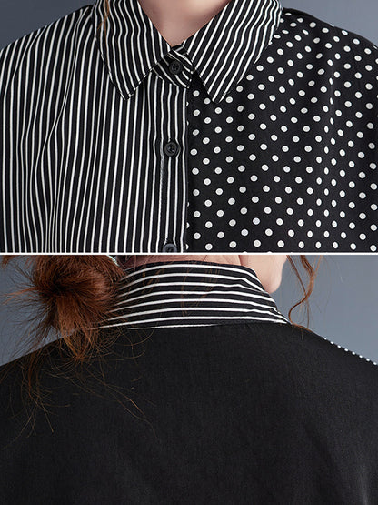 xakxx Loose Oversize Striped Polka-Dot Split-Joint Blouse Top A-Line Skirt Bottom Two Pieces Set