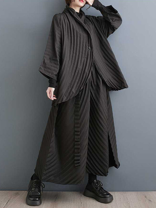 xakxx Long Sleeves Loose Buttoned Pleated Solid Color Stand Collar Shirts Top + Pants Bottom Two Pieces Set