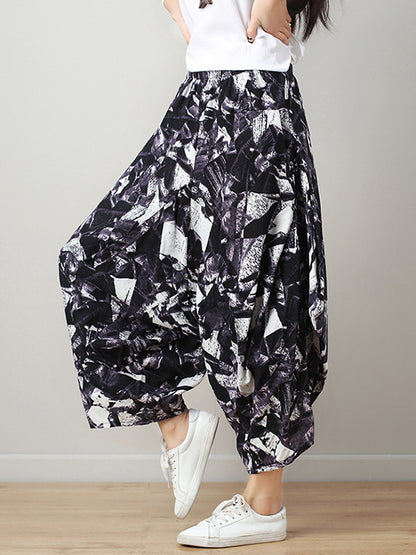 xakxx Artistic Retro Ramie Cotton Original Printed Elasticity Harem Pants