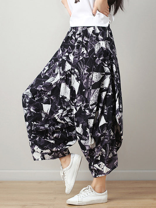 xakxx Artistic Retro Ramie Cotton Original Printed Elasticity Harem Pants