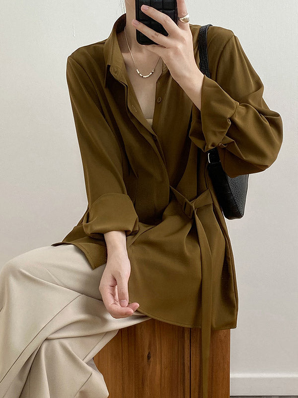 xakxx Office Loose Long Sleeves Lace-Up Solid Color Lapel Blouses