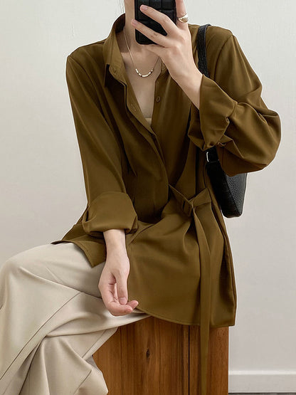 xakxx Office Loose Long Sleeves Lace-Up Solid Color Lapel Blouses