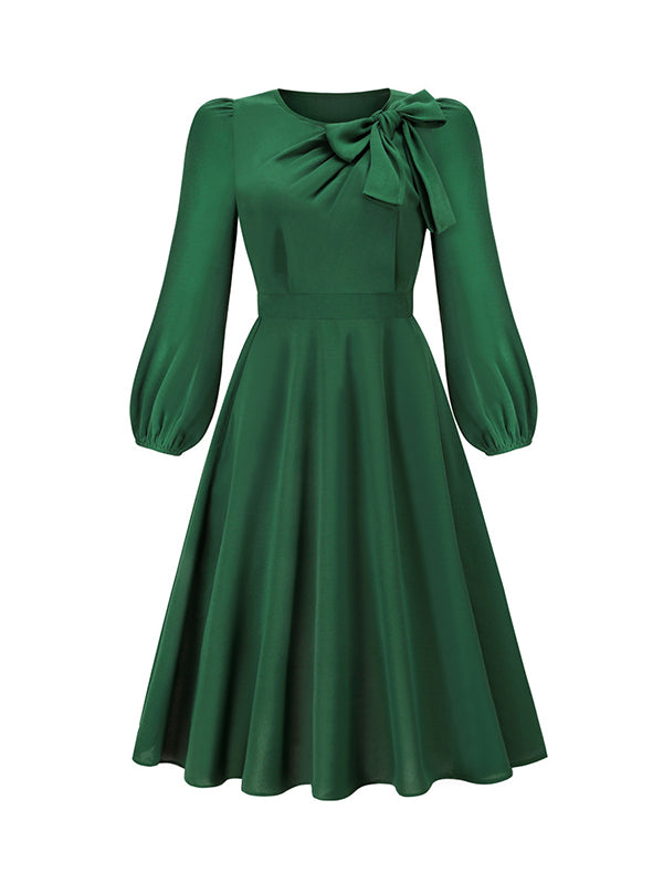 xakxx A-Line Long Sleeves Asymmetric Bowknot Elasticity Solid Color Round-Neck Midi Dresses