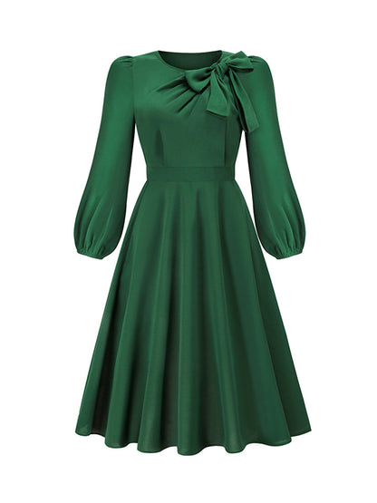 xakxx A-Line Long Sleeves Asymmetric Bowknot Elasticity Solid Color Round-Neck Midi Dresses