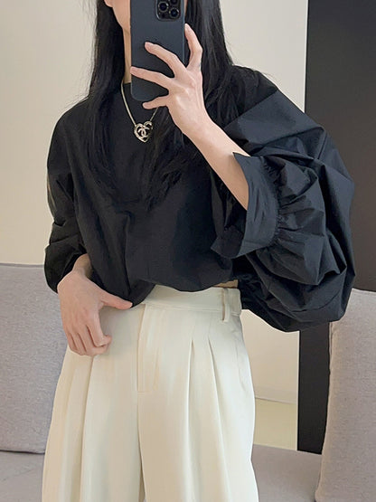 xakxx Batwing Sleeves Loose Elasticity Solid Color Round-Neck Blouses&Shirts Tops