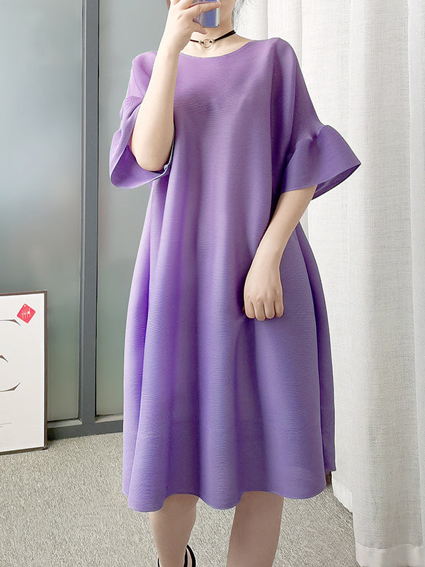 xakxx Stylish Selection Flared Sleeves A-Line Pleated Solid Color Round-Neck Midi Dresses