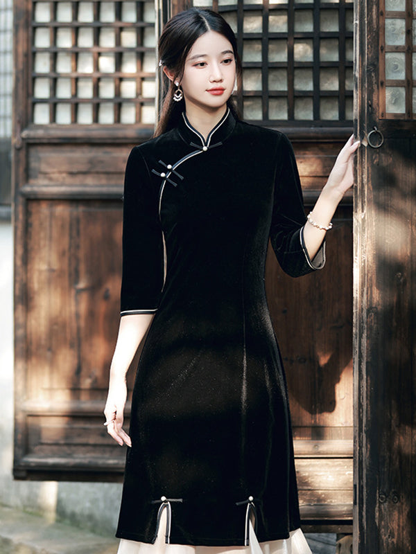 xakxx Vintage Beaded False Two Half Sleeves Long Cheongsams