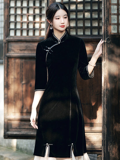xakxx Vintage Beaded False Two Half Sleeves Long Cheongsams