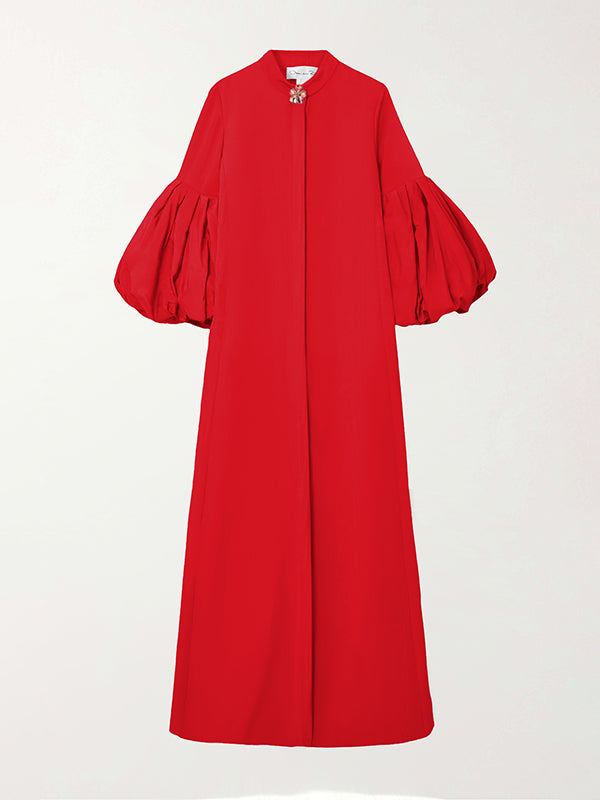 xakxx Loose Flower Shape Solid Color Stand Collar Lantern Sleeves Maxi Dresses