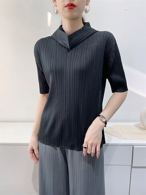 xakxx Half Sleeves Hooded Pleated Solid Color Mock Neck T-Shirts Tops