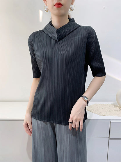 xakxx Half Sleeves Hooded Pleated Solid Color Mock Neck T-Shirts Tops
