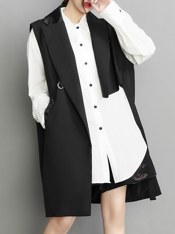 xakxx Sleeveless Asymmetric Pockets Tied Notched Collar Vest Outerwear