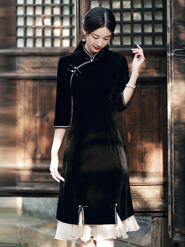 xakxx Vintage Beaded False Two Half Sleeves Long Cheongsams