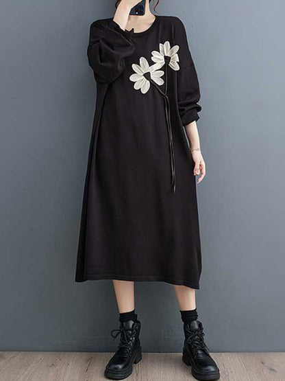 xakxx A-Line Long Sleeves Flower Print Keep Warm Round-Neck Midi Dresses