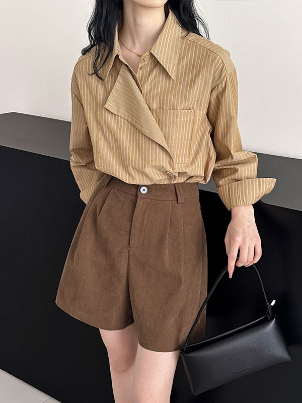 xakxx Long Sleeves Loose Asymmetric Split-Joint Striped Lapel Blouses
