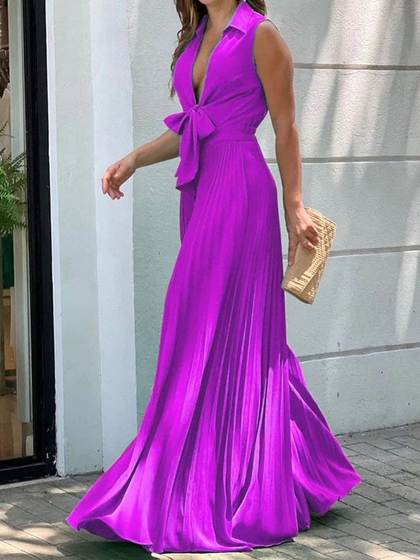 xakxx Simple Long Sleeves Lace-Up Pleated Solid Color Deep V-Neck Jumpsuits