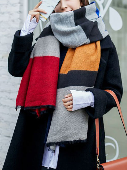 xakxx Contrast Color Fringed Keep Warm Multi-Colored Striped Shawl&Scarf