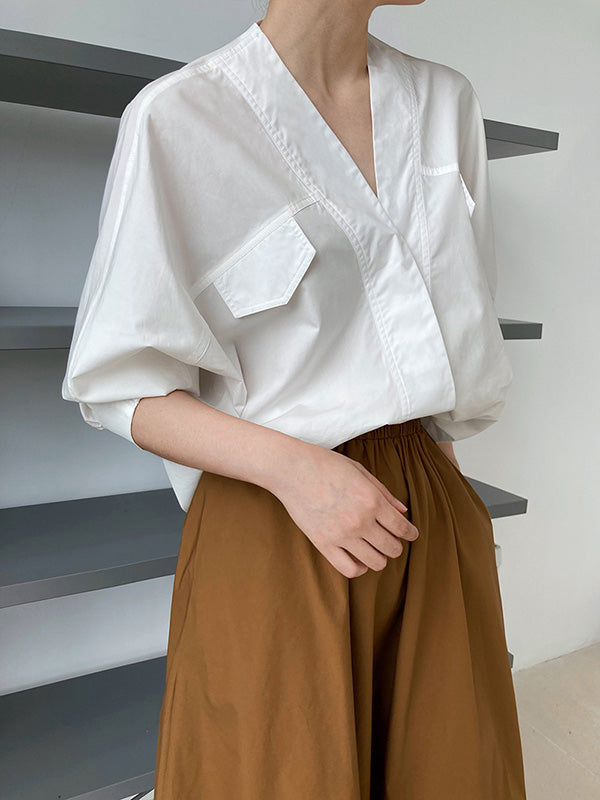 xakxx Trendy Batwing Sleeves Solid Color V-Neck Blouses