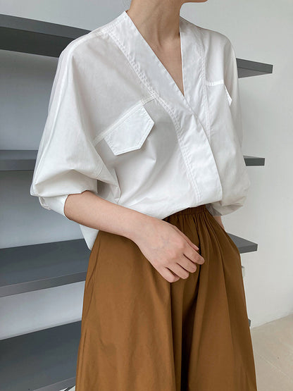 xakxx Trendy Batwing Sleeves Solid Color V-Neck Blouses