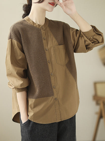 xakxx Long Sleeves Loose Asymmetric Buttoned Pockets Split-Joint Round-Neck Blouses&Shirts Tops