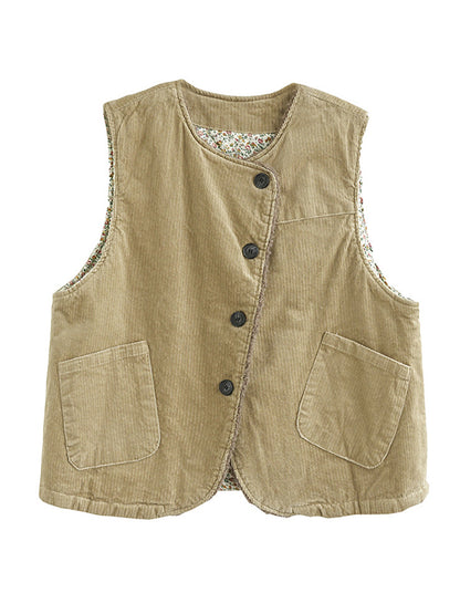 xakxx Vintage Sleeveless Loose Buttoned Split-Joint Solid Color Round-Neck Vest Outerwear