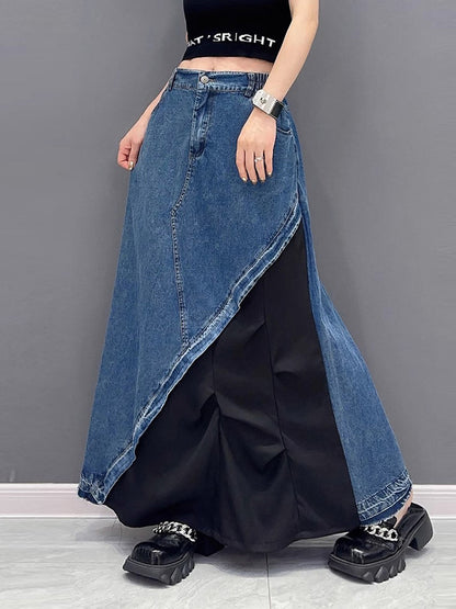 xakxx A-Line Loose Asymmetric Contrast Color Elasticity Split-Joint Denim Skirts Bottoms