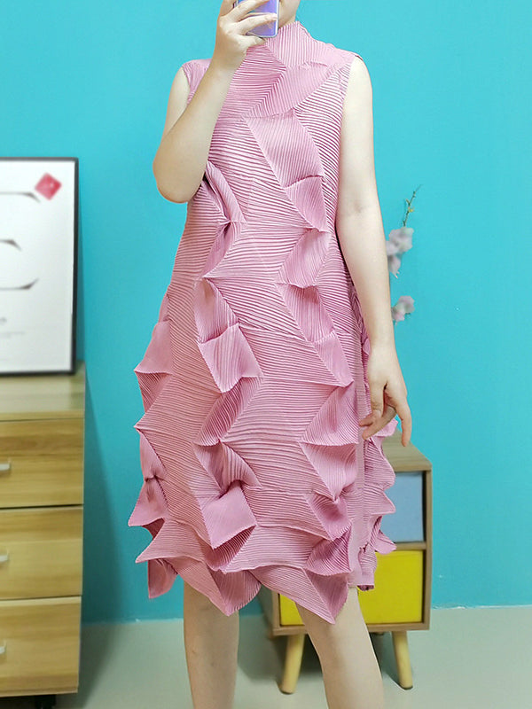 xakxx Casual Sleeveless Irregularity Pleated Solid Color Stand Collar Midi Dresses