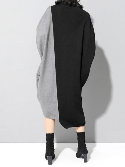 xakxx Casual Loose Split-Joint Contrast Color High-Neck Long Sleeves Dress