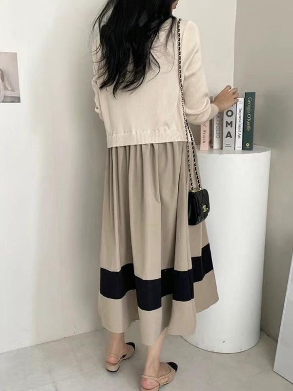 xakxx A-Line Long Sleeves Pleated Split-Joint Round-Neck Midi Dresses
