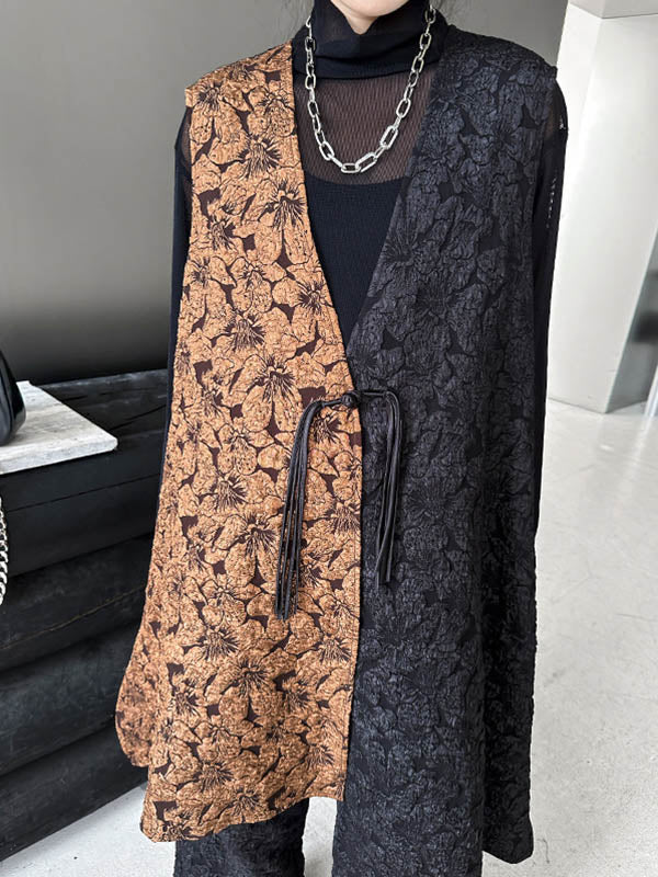 xakxx A-Line High-Low Asymmetric Contrast Color Jacquard Vest Top + Elasticity Pants Bottom Two Pieces Set