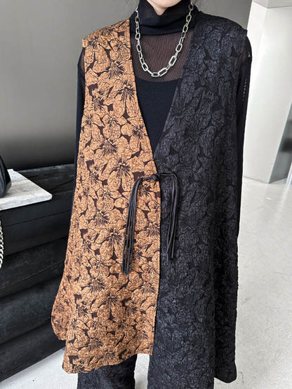 xakxx A-Line High-Low Asymmetric Contrast Color Jacquard Vest Top + Elasticity Pants Bottom Two Pieces Set