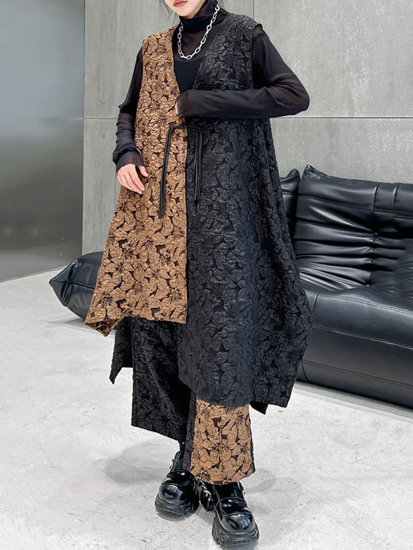 xakxx A-Line High-Low Asymmetric Contrast Color Jacquard Vest Top + Elasticity Pants Bottom Two Pieces Set