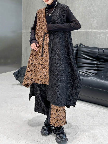 xakxx A-Line High-Low Asymmetric Contrast Color Jacquard Vest Top + Elasticity Pants Bottom Two Pieces Set