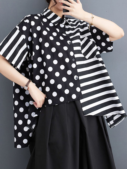 xakxx Loose Short Sleeves Polka-Dot Split-Joint Striped Lapel Shirts Tops