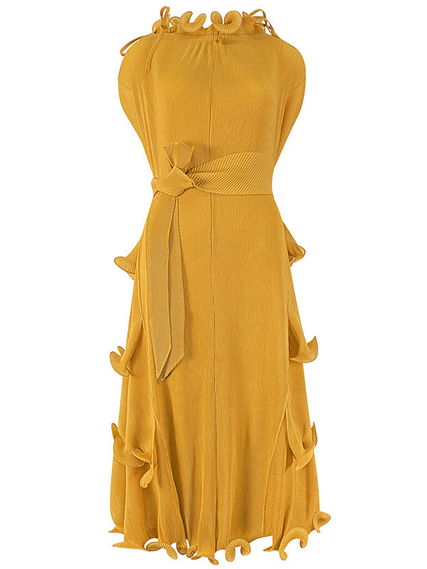 xakxx Loose Bandage Lacy Solid Color High-Neck Midi Dresses