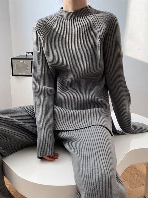 xakxx Urban Loose Solid Round-Neck Split-Side Sweater& Wide Leg Pants Suits