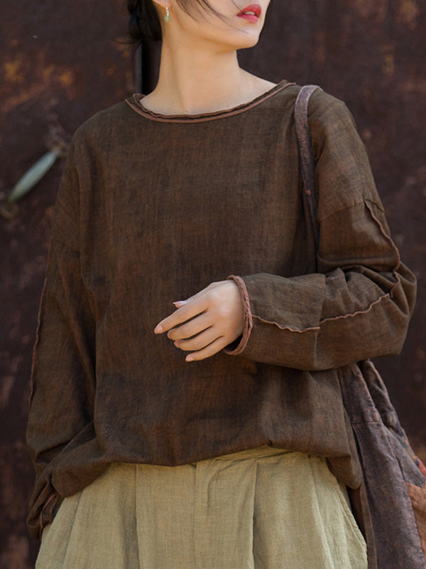 xakxx High-Low Long Sleeves Solid Color Split-Joint Split-Side Round-Neck T-Shirts