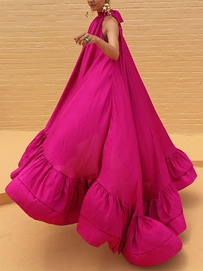 xakxx Loose Sleeveless Falbala Solid Color Stand Collar Maxi Dresses