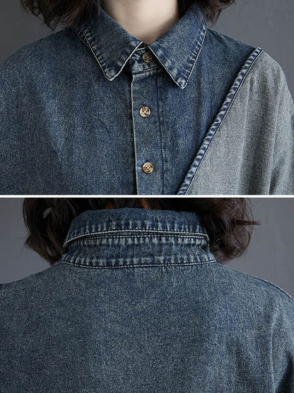xakxx Denim Split-Joint Plus Size Half Sleeve Lapel Shirt Dress