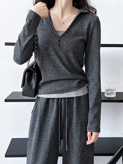 xakxx Long Sleeves Buttoned Hooded  T-Shirts Top + Vest Top + Wide Leg Drawstring Elasticity Pants Bottom Three Pieces Set