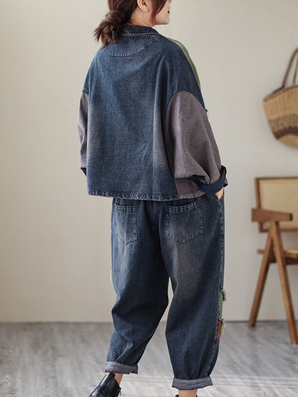 xakxx Contrast Color Fringed Split-Joint Long Sleeves Printed Outwear + Harem Pants  Two Pieces Set