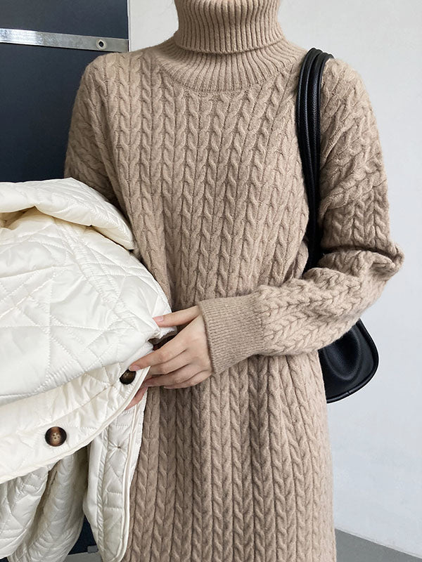 xakxx Stylish Loose Long Sleeves Solid Color High-Neck Twist Sweater Dresses